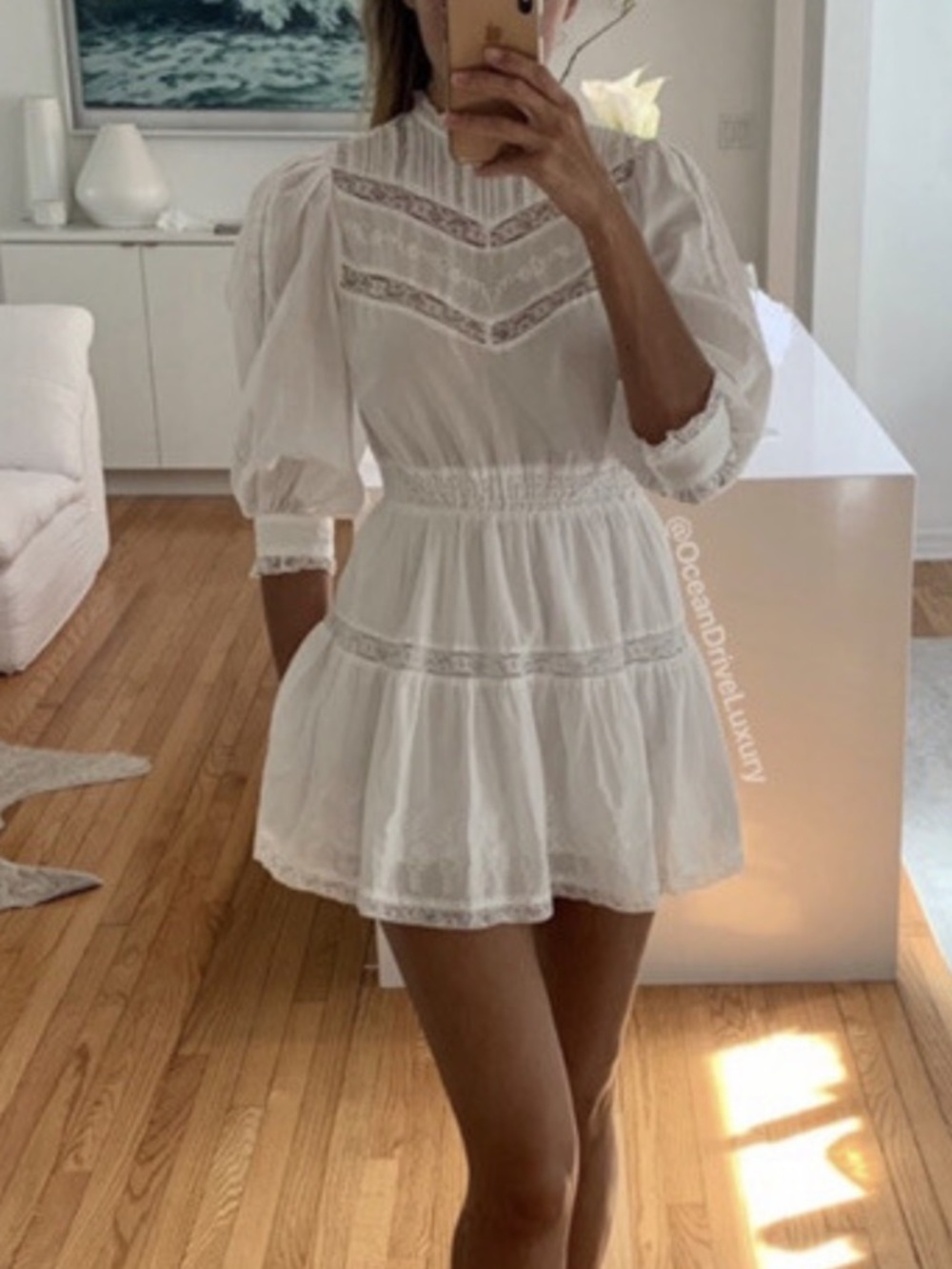 LoveShackFancy White Lace-Trim Long Sleeve Tiered Dress